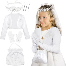 Lezehea 140 cm White Communion Dress Jacket Girls First Communion Long Sleeve Cardigan Top with Flower Hair Accessories Communion Gloves Hairpin Bag Suitable for Communion, Christening, Wedding, White