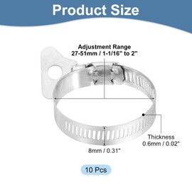 sourcing map 10Pcs Stainless Steel Hose Clamps Worm Gear Hose Clamp, 27-51mm(1-1/16" to 2") Adjustable Thumb Screw Key Type Clamps Fuel Line Clamps 12mm Bandwidth for Plumbing, Automotive