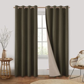 HOMEIDEAS Olive Green 100% Blackout Curtains 2 Panels Linen Room Darkening Curtains 52 X 84 Inches Thermal Insulated Grommet Window Drapes with Liner for Living Room, Bedroom