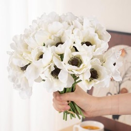 Ramo artificial de anémona blanca, 9 tallos de flores de amapola de seda de tacto real para arreglos florales de bricolaje, decoraciones de despedida de soltera, centros de mesa de boda y