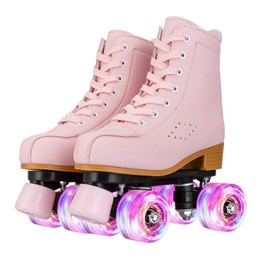 MEIGLQEA Roller Skates for Girls and Women, Cozy PU Leather Pink Purple Light Up Roller Skates, Indoor Outdoor Roller Skates for Youth Beginner Girls Ages 8-12 (33-Youth 2,Pink)