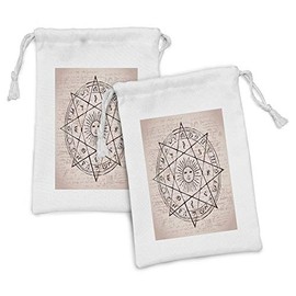 Lunarable Bohemian Fabric Pouch Set of 2, Geometry Sun in Octagonal Star with Inscription Grunge Historic Look, Small Drawstring Bag for Toiletries Masks and Favors, 9" x 6", Warm Taupe Seal Brown