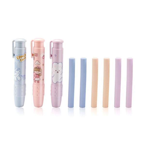 Rumyve3 pcs Retractable Eraser,Push-Pull Rubber Eraser with 6pcs Eraser Refill,Cute