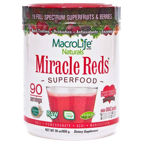 MacroLife Naturals Miracle Reds Superfood Supplement Powder Antioxidants Polyphenols Enzymes Probiotics - Raw Non-GMO Organic Vegan Gluten & Dairy Free - 30oz (90 Servings)