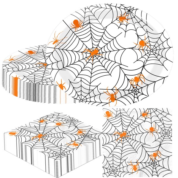 CMUSKO 100Pcs Halloween Spider Web Plates and Napkins, White and