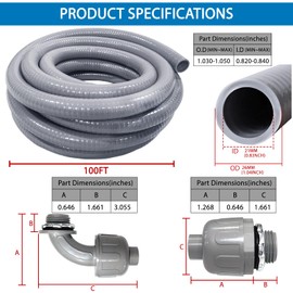 Liquid-Tight Conduit 100 ft and 8 Pieces of Connector Kit,Electrical Conduit 3/4 100ft UL Certification,Flexible Conduit with 5 Straight and 5 90-Degree Conduit Connector Fittings