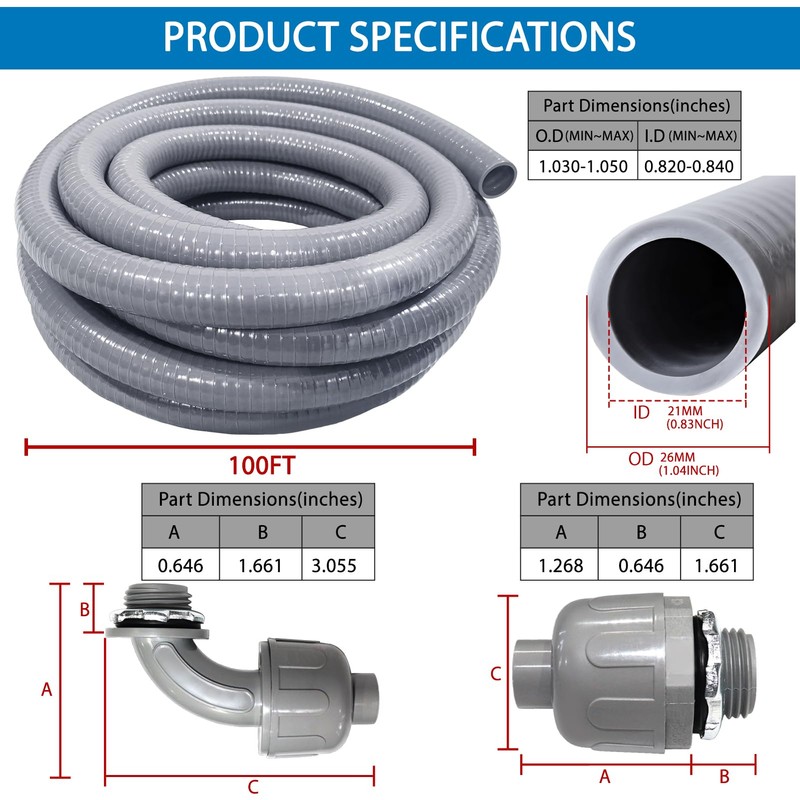 Liquid-Tight Conduit 100 ft and 8 Pieces of Connector Kit,Electrical