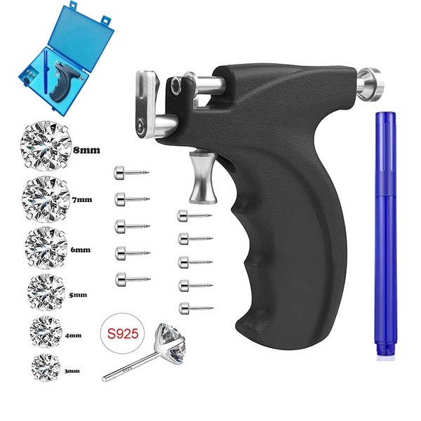 Professional Ear Piercing Gun Kit Reusable for Body Nose Lip Piercing with 16 Pairs Hypoallergenic Earrings (6 Pairs Sterling Silver Stud Earrings 18K White Gold Plated+10 Pairs Gun Stud Earrings)