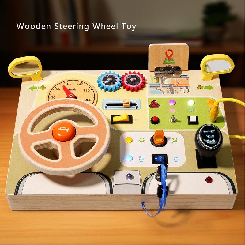 Wooden Steering Wheel Toy Early Educational Stimulation LED Wood Sensory