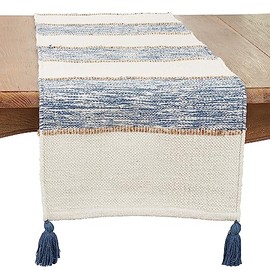 Saro Lifestyle Striped Table Runner with Playful Tassels, Navy Blue, 16"x72"