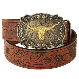 Western Cowboy-Belts for Women Men, Cowigirl-Country-Belt with Longhorn Bull Head Buckle for Jeans Embossed Floral Leather