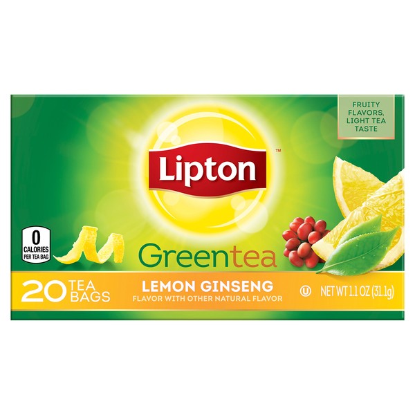 Lipton Tea Bags, Green Tea, Lemon Ginseng, 20 Tea Bags