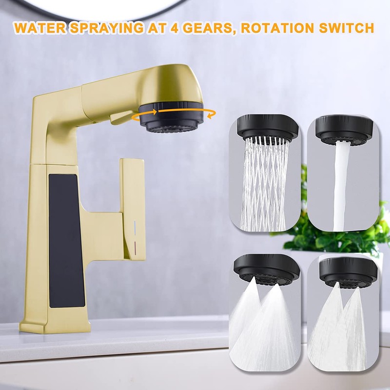 Qeemee LED Bathroom Faucet with Pull Out Sprayer, Grey Temperature