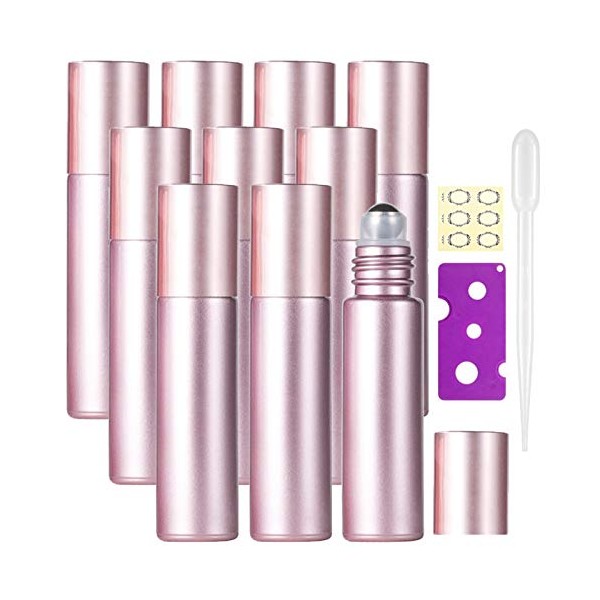 Alledomain 10Pcs, 10ml Essential Oil Roller Bottles Refillable Rose Gold Color Roll on Bottles Glass Roll Bottles with Stainless Steel Balls & Rose Gold Cap, Include 12 Labels, Dropper & Opener