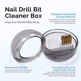 MelodySusie Nail Drill Bits Cleaner Brush Case Accessories with Clear Cover for Cleaning Tungsten Carbide Ceramic Nail Drill Bits Cuticle, Steel Wire & Nylon Double Brush - Black