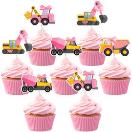 Sursurprise Pink Construction Cupcake Toppers for Girls Pink, 36PCS Construction Cupcake Picks, Dump Truck Bulldozer Excavator Construction Birthday Baby Shower Builder Party Supplies