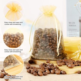 WenTao 100PCS Gold Organza Bags. 4X6 Candy Mesh Drawstring Favor Bags Jewelry Pouches for Christmas, Wedding Party, Thanksgiving, Valentines Day Small Gift Bags