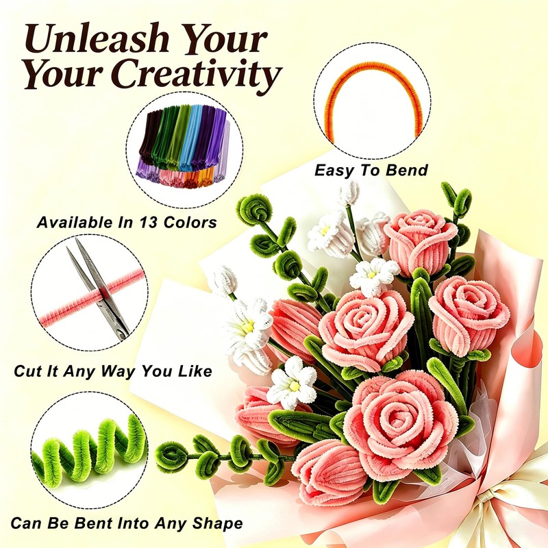 800 PCS Pipe Cleaners Flower Kit, Pipecleaner Flowers Supplies, 13