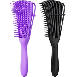 2 Pieces Detangling Brush for Afro America/ African Hair Textured 3a to 4c Kinky Wavy/ Curly/ Coily/ Wet/ Dry/ Oil/ Thick/ Long Hair, Knots Detangler Easy to Clean (Black, Purple)