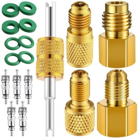 JaGely 17 Pcs R134a Brass Refrigerant Tank Adapter 1/4" to 1/2" R134a Fitting Adapter 1/2" to 1/4" Vacuum Pump Port Connection Adapter with Valve Core Remover Washer Gasket for Ac Refrigerant System
