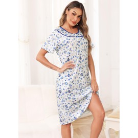 Lovasy Cotton Nightdresses for Women UK Button Front Nighties for Women Soft Ladies Nighties Nightshirts Short Sleeve Floral Print Womens Night Dress with Pockets,Blue Floral,XL