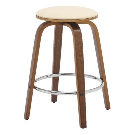 LeisureMod Leather Counter Stool with Poplar Wood Frame and Swivel in Walnut/Cream