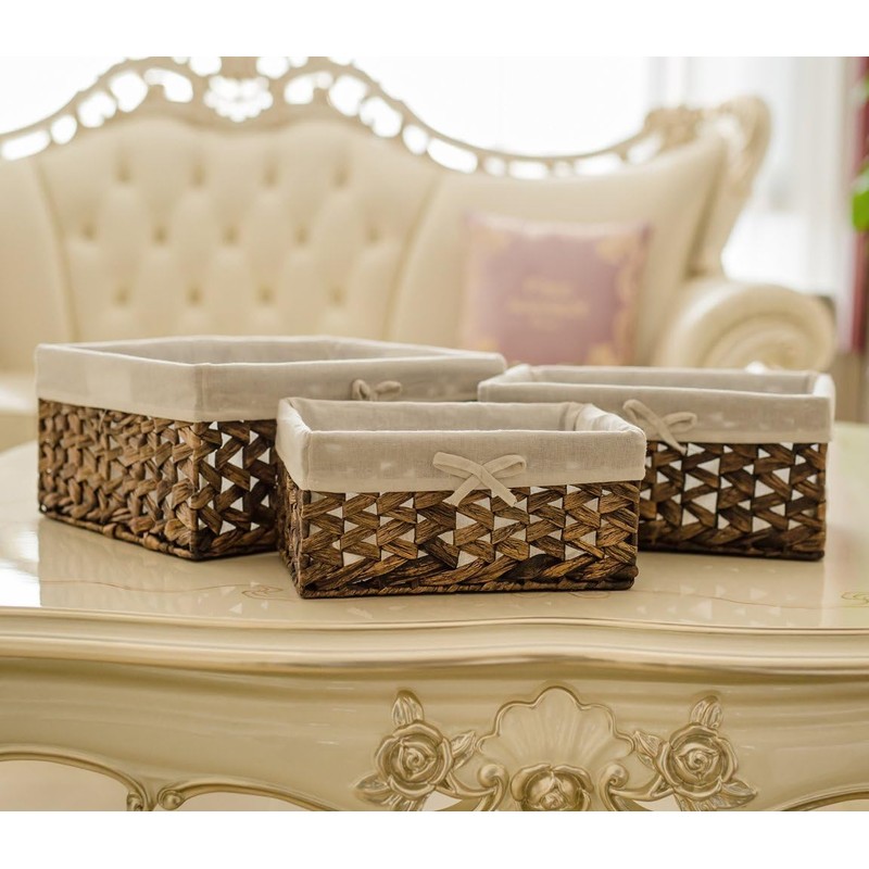 Rectangular Woven Seagrass Storage Bin with Handle,Kingwillow. (water hyacinth, Large)