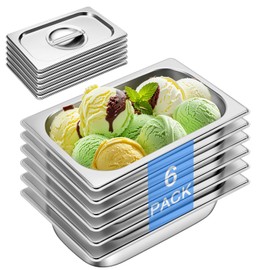 Hotel Pan With Lids 1/4 Size 2-1/2 Inch Deep Stainless Steel Chafing Dishes for Buffet, Steam Table Pan, Metal Commercial Food Pans for Food Prep/Serving (6 Pack, Half Size 1/4 x 2-1/2" Deep)