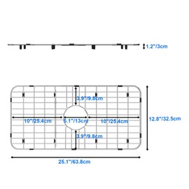 Kitchen Sink Protector,25.1"L X 12.8"W Sink Bottom Grid with Corner Radius R:1-1/2”,Stainless Steel Sink Grate with Center Drain,Metal Sink Rack for Kitchen Sink Single Bowl