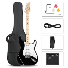 39" Full Size Electric Guitar Starter Kit for Beginners - HSS Pickups with Coil Split & 20W Amp - Includes Gig Bag, Strap, Cable & Accessories:_White+Black H-H-H