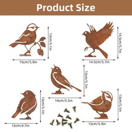 EclipseGuard Pack of 5 Rusty Birds Garden Stakes, Rust Decorative Garden Decoration for Garden, Patina Metal Birds, Rust Stakes, Tree Stakes with Screw, Rust Figures Animals for Tree Trunk Decoration,