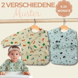 Hello Hippo Set of 2 Baby Sleeved Bibs - Waterproof, Adjustable & Easy to Clean | Full Body Bibs for Meals & Creative Activities, multicoloured