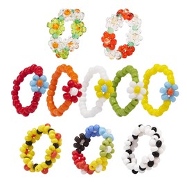 Pwsap Pack of 10 Daisy Pearl Rings for Women and Girls, Colourful Handmade Rice Pearl Rings with Elastic Band, Adjustable Boho Stacking Jewellery, Statement Plastic Rings, Knuckle Rings, Resin, No