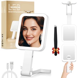 GOMIPURU Magnifying Travel Mirror with Light, 30X/1X Double-Sided Magnifying Mirror with 3 Color Lights, Brightness Adjustable, Foldable Handheld Makeup Mirrors Portable for Travel and Desktop Use