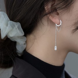 Sonateomber Silver Chain Dangle Drop Rhinestone Hoop Earring for Women Sparkly Cubic Zirconia Crystal Teardrop Dangling Huggie Droplets Cartilage Jewelry Gifts