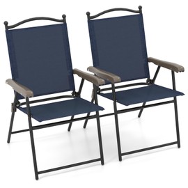 Giantex Set of 2 Patio Folding Chairs, Sling Chairs, Indoor Outdoor Lawn Chairs, Camping Garden Pool Beach Yard Lounge Chairs w/Armrest, Patio Dining Chairs, Metal Frame No Assembly, Navy
