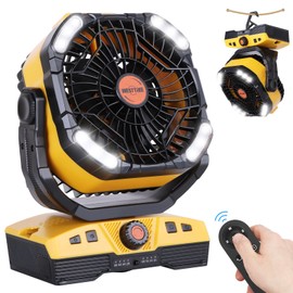 WESTTREE Camping Fan 20000mAh Rechargeable Battery Operated fan Outdoor Tent Fan with Light & Hook 270° Pivot, knob Speeds, Personal fan USB Desk Fan for Camping Power Outage Yellow X68