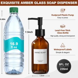 RYTOXILO 8oz Amber Glass Soap Dispenser 4 Pack, Brown Glass Bottle with Pump, Refillable Round Hand Soap Dispensers Bathroom for Soap, Lotion, Oil, Shampoo