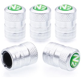 MEAJOO 5PCS N2 Tire Valve Stem Caps, with Plastic Liner,with N2 Nitrogen Logo Anodized Alloy Universal Tire Valve Stem Covers for Cars, SUV, Trucks, Bikes, Motorcycles, Bicycles(Silver)