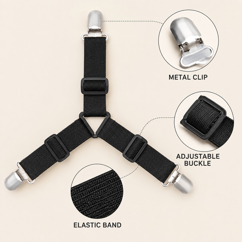 Adjustable Crisscross Bed Sheet Holder Straps with 12 Clips, Black