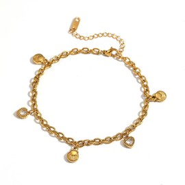 Dainty 18K Gold Plated Stainless Steel Cross Chain Anklet for Women, Adjustable 8 Inch Ankle Bracelet with 2 Inch Extension, Seashell & Heart Crystal Charms Beach Foot Jewelry for Vacation Party Daily Heels