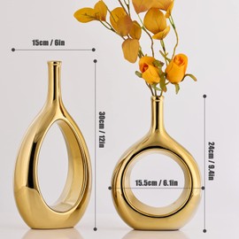 Gold Vase Glossy Ceramic Vase Set of 2,Gold Vases for Home Decor,Gold Vases for Centerpieces,Gold Room Decor,for Office Decor Housewarming Gift Living Room Dining Table,Gold Vases for Flowers