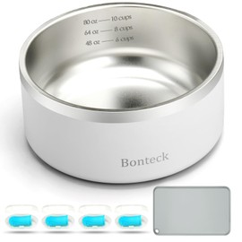 Bonteck Dog Bowl - Dog Water and Food Anti Rust & Non Slip Metal Bowls Large, Spill Proof Insulated Double Wall Pet Dish for Dogs, Cats & Pets, Stainless Steel, Dishwasher Safe (100 oz, White)