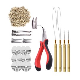 Juego de 500 extensiones de pelo de microanillos de silicona: alicates de pelo con punta I, aguja de gancho de tracción, enhebrador de bucle y eslabones de micro silicona (rubio gris)