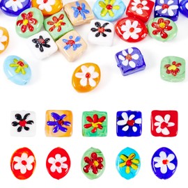Spritewelry 20 Pcs Handmade Lampwork Beads, Multicolor, Glass, Oval/Square, Flower, Mixed Color, Loose Beads, Craft Bead