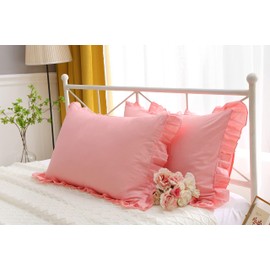 Meaning4 Egyptian Cotton Ruffles Pillow Shams Pink Queen Size 2Pieces 20x30 inch Soft Thick