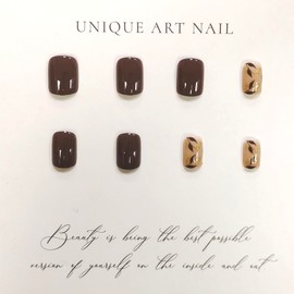 Short Press on Nails Coffee-Brown Square Fake Nails Gold Foil Leaves Designs Acrylic Nails Glossy Light Coffee Fall Nails Minimalist Style Glue on Nails Short Nails for Women Girls Autumn Nails