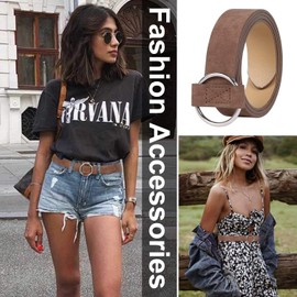 XZQTIVE Women's Leather Belt with Circle Buckle No Pin & Hole Adjustable Waist Belt for Jeans Belt Made of Suede, coffee