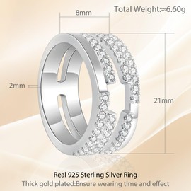 Moissanite Half Eternity Ring with 2 Row Diamond for Women，D Color VVS1 Lab Created Diamond S925 Sterling Silver Stackable Fancy Wedding Band with 18K White Gold Plated Gemstone Jewelry Gift（8）