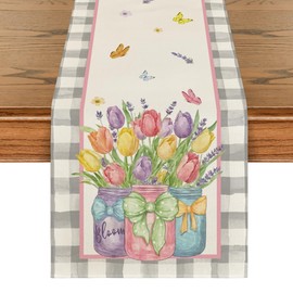 Artoid Mode Buffalo Plaid Vase Lavender Tulip Spring Table Runner, Seasonal Kitchen Dining Table Decoration for Home Party Decor 13x36 Inch